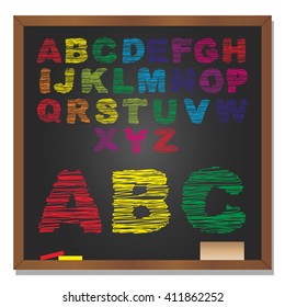 Vector 3D illustration of concept or conceptual set or collection of colorful handwritten, sketch or scribble font, black school blackboard background for education, childhood, artistic or children