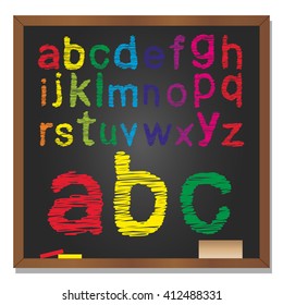 Vector 3D illustration of concept or conceptual set or collection of colorful handwritten, sketch or scribble font, black school blackboard background for education, childhood, artistic or children