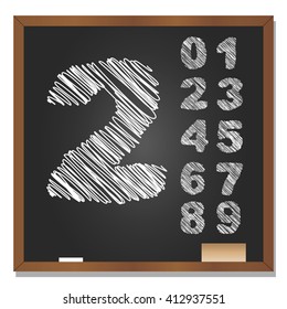 Vector 3D illustration of concept or conceptual set or collection of white grungy handwritten, sketch or scribble font, black school blackboard background