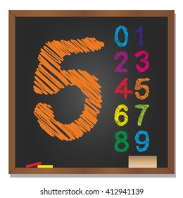 Vector 3D illustration of concept or conceptual set or collection of colorful handwritten, sketch or scribble font, black school blackboard background for education, childhood, artistic or children