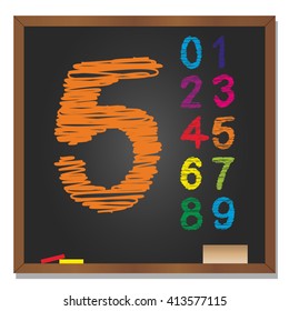 Vector 3D illustration of concept or conceptual set or collection of colorful handwritten, sketch or scribble font, black school blackboard background for education, childhood, artistic or children