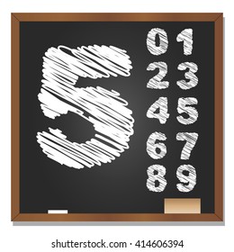 Ilustración vectorial 3D de concepto o conjunto conceptual o colección de letras en gris blanco, manuscritas, boceto o guijarros, fondo negro de pizarra escolar para la educación, la infancia, el arte, los niños