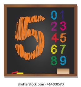 Vector 3D illustration of concept or conceptual set or collection of colorful handwritten, sketch or scribble font, black school blackboard background for education, childhood, artistic or children