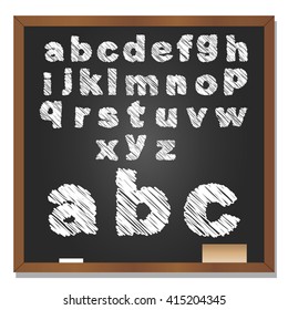 Ilustración vectorial 3D de concepto o conjunto conceptual o colección de letras en gris blanco, manuscritas, boceto o guijarros, fondo negro de pizarra escolar para la educación, la infancia, el arte, los niños