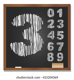 Vector 3D illustration of concept or conceptual set or collection of white grungy handwritten, sketch or scribble font, black school blackboard background for education, childhood, artistic, children