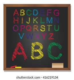 Ilustración vectorial 3D de concepto o conjunto conceptual o colección de colorantes manuscritos, dibujos o letras, fondo negro de pizarra escolar para la educación, la infancia, el arte o los niños