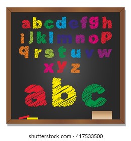 Ilustración vectorial 3D de concepto o conjunto conceptual o colección de colorantes manuscritos, dibujos o letras, fondo negro de pizarra escolar para la educación, la infancia, el arte o los niños