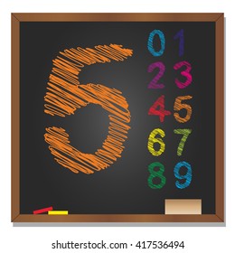 Vector 3D illustration of concept or conceptual set or collection of colorful handwritten, sketch or scribble font, black school blackboard background for education, childhood, artistic or children