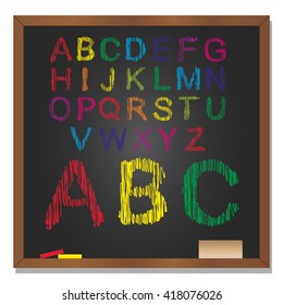 3D-Vektorgrafik von Konzepten oder Konzepten oder von Kollektionen bunter handgeschriebener, skizzierter oder schreiber Schriftart, schwarzer Schulschwarz-schwarzer Hintergrund für Bildung, Kindheit, künstlerische oder Kinder