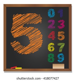 Vector 3D illustration of concept or conceptual set or collection of colorful handwritten, sketch or scribble font, black school blackboard background for education, childhood, artistic or children
