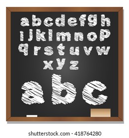 Vector 3D illustration of concept or conceptual set or collection of white grungy handwritten, sketch or scribble font, black school blackboard background for education, childhood, artistic, children