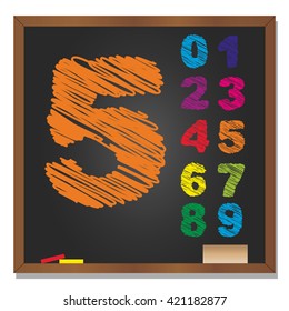 Vector 3D illustration of concept or conceptual set or collection of colorful handwritten, sketch or scribble font, black school blackboard background for education, childhood, artistic or children