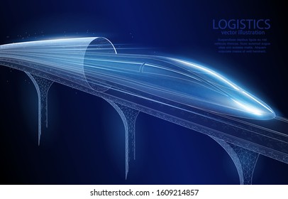 Vector 3d illustration concept of futuristic high-speed train on a viaduct leaves the tunnel, on a dark blue background. Symbol of logistics, tourism, technology, and transport.