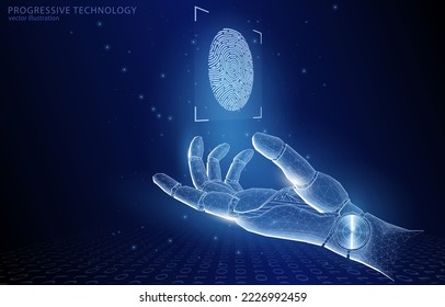 Ilustración vectorial 3d concepto de mano robot humanoide futurista, símbolo de escaneo de huellas dactilares, biometría, seguridad, contraseña, identificación.