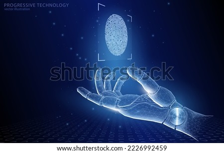 Vector 3d illustration concept futuristic humanoid robot hand, and fingerprint scanning symbol, biometrics, security, password, identification.