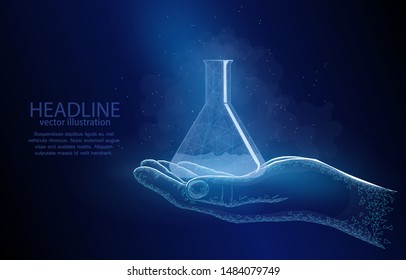 Vector 3d illustration concept of a glass flask with a reagent in hand, on a dark blue background, a symbol of chemistry science, research experiments and discoveries.