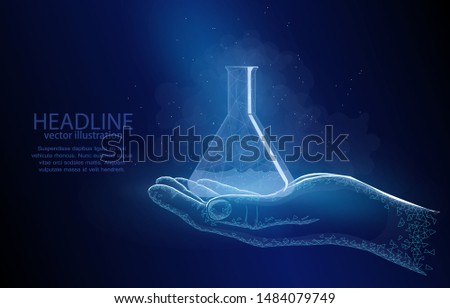 Vector 3d illustration concept of a glass flask with a reagent in hand, on a dark blue background, a symbol of chemistry science, research experiments and discoveries.