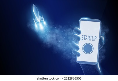 
Vector 3d illustration concept, a hand, holds a smartphone, from the screen of which a rocket takes off, on a dark blue background, startup, growth, rise, development.