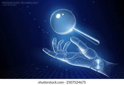 Vector 3D illustration concept of the hand of a humanoid robot with a magnifying glass over it, symbol of search using AI, neural network, machine, analysis, technology, internet, database.