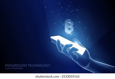 Vector 3D illustration concept, a hand with a smartphone, above which there is a hologram of the Bitcoin symbol, cryptocurrency, technology, blockchain, finance, online, business.