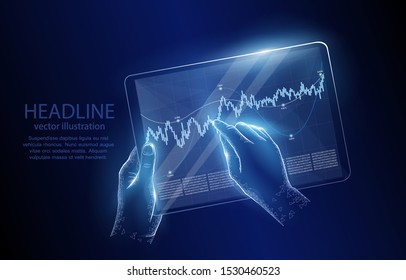 Concepto de ilustración vectorial 3d de manos con una tableta, y gráficos en un fondo azul oscuro, un símbolo de negocios, finanzas, digitalización, tecnología.