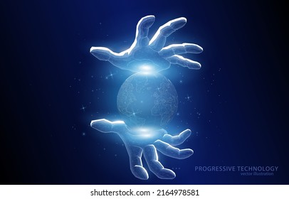 Vector 3d illustration concept of a hands that controls our entire planet, on a blue background, a symbol of business, finance and
  conspiracy theories.