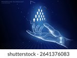 Vector 3D illustration concept, humanoid robot hand, and hierarchical structure of personnel, above it in the form of a hologram, AI management, assistance, security, data processing, analysis.