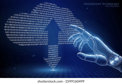 Vector 3d illustration concept, humanoid robot hand pointing to cloud storage symbol from binary code, AI, machine learning, data storage, assistant, information security.