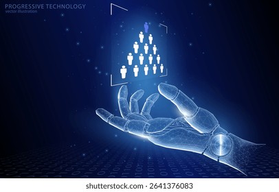 Vector 3D illustration concept, humanoid robot hand, and hierarchical structure of personnel, above it in the form of a hologram, AI management, assistance, security, data processing, analysis.