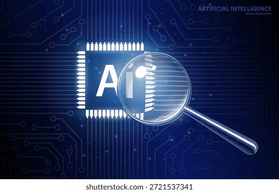 Vetor 3D conceito ilustração, lupa no fundo de um microcircuito com a inscrição AI, símbolo de tecnologia, inteligência artificial, aprendizagem de máquina, recuperação de informação, avaliação, análise, globalização.
