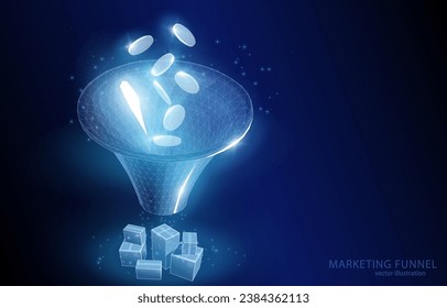 Vector 3D illustration concept, marketing sales funnel, money entering it and consumer goods coming out, symbol of trade, business, marketing, advertising.