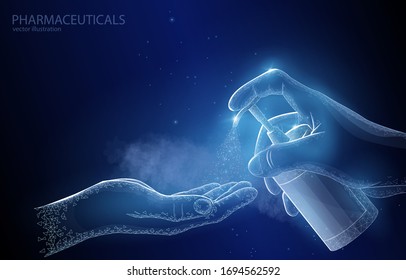 Vector 3d illustration concept on dark blue background, hand treatment with antiseptic for disinfection and prevention, symbolizes purity protection for health, in medicine and pharmaceuticals.