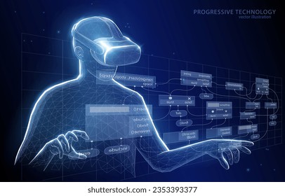 Vector 3d illustration concept, a person performs work in virtual reality glasses, programming, study, remote work, online business management.