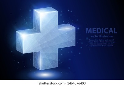 Vector 3D illustration concept polygonal medical cross, on a deep blue background the symbol of medecine and pharmaceutics.