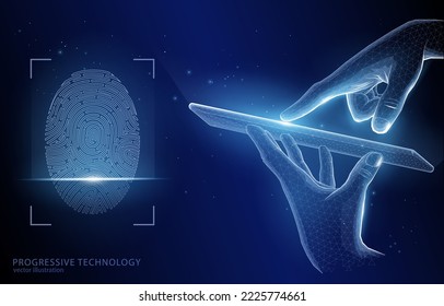 Vector 3d illustration concept polygonal tablet in hands scanning a fingerprint, on a dark blue background technology security, data, biometric data.