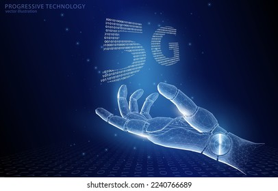 Vector 3D illustration concept polygonal robot arm over which the inscription 5G.Symbol of digitalization technologies, the development of internet, data transfer, ai.