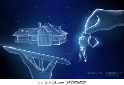 Vektor-3D-Illustrationskonzept polygonal, Hand mit Hausschlüsseln und Hologramm Häuser über einem Tablet in der Hand, Symbol des Kaufs oder Verkaufs von Immobilien online, Vermietung, schlüsselfertige Renovierung.