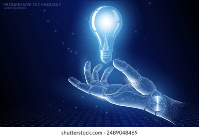 
Vector 3D illustration concept polygonal, light bulb over the hand of a humanoid robot, symbol of idea, thinking, AI assistant, machine learning, neural networks, data analysis.