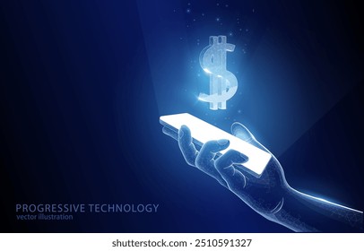 Vector 3D illustration concept of a polygonal hand with a smartphone above the screen with a dollar sign: business, e-commerce, online shopping or selling, banking, technology, service.
