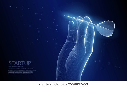 Vector 3d illustration concept polygonal hand holding a dart getting ready to aim it at the target, planning, business idea, startup, growth, opportunity, teamwork.