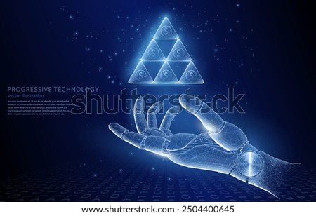 Vector 3D illustration concept polygonal, a robot hand above which is a pyramid of blocks with a dollar sign, symbol of AI, finance, business, assistant bot, technology, analytics, database.