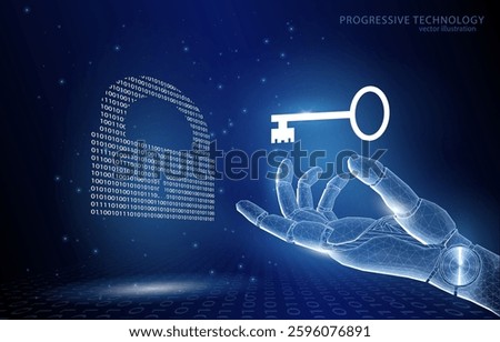 Vector 3d illustration concept, polygonal, humanoid robot hand with key to binary code lock, artificial intelligence, assistant, data security, protection.