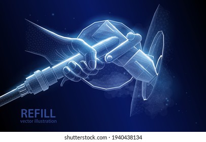 
Concepto de ilustración vectorial 3d, reabastecimiento de combustible de un coche con gas, mano con una pistola de reabastecimiento, sobre un fondo azul oscuro, símbolo de transporte, alternativa a la gasolina, infraestructura y negocios.