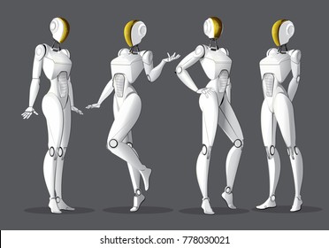 Vector 3d illustration of the concept robot design, model robot posture, humanoid robot,service staff of the future