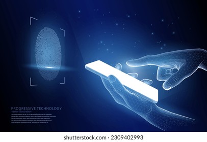 Concepto de ilustración vectorial 3d, escaneo de huellas dactilares en manos, seguridad, clave de acceso, identificación biométrica, tecnologías innovadoras.