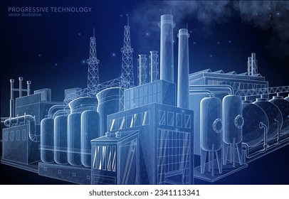 Concepto de ilustración vectorial 3d, tipo de infraestructura, instalaciones de producción, planta, fábrica, central eléctrica, símbolo de progreso, desarrollo, economía, negocio.