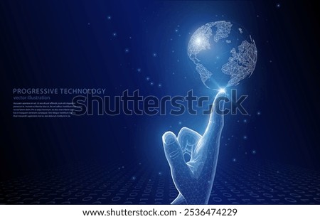 Vector 3D illustration concept, the world of planet Earth rotates on the tip of a finger, Internet technology, databases, artificial intelligence, business, tourism.