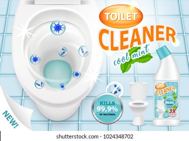 Vector 3d illustration of cool mint toilet cleaner killing bacteria. Plastic bottle with detergent design. New liquid cleaning product brand advertising poster.