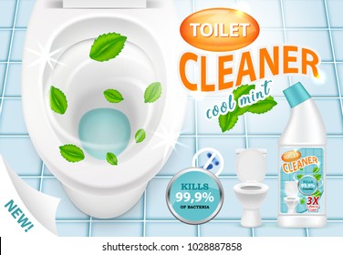 Vector 3d illustration of cool mint toilet cleaner. Plastic bottle with detergent design. New liquid cleaning product brand advertising poster.