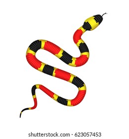 Vector 3d Illustration of Coral Snake or Micrurus Isolated on White Background. Serpent with Red, Black and Yellow Stripes